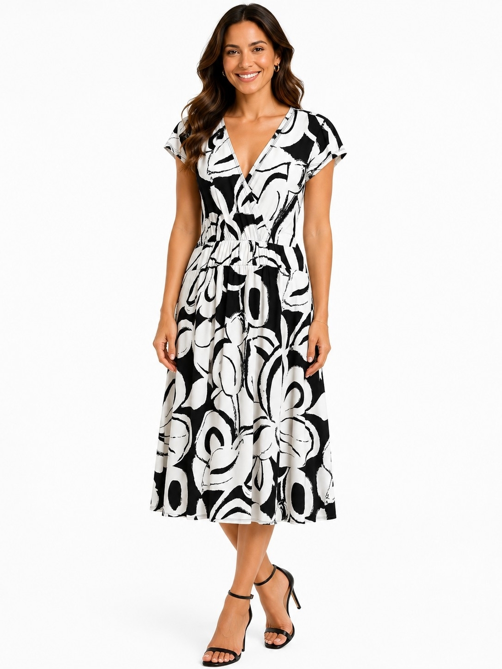 Merona Black & White Floral Wrap-Front Midi Dress
